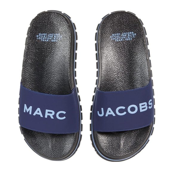 NEW MARC JACOBS Navy 'The Slide' Logo Print Ridged Flat Sandals Slides Shoes Sz8 - Picture 10 of 10